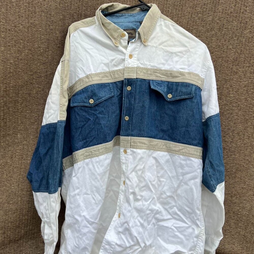 Vintage Roper White Cream Blue Denim Long Sleeve Cowboy Western Button-up Shirt